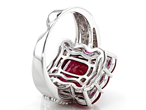 6.37ctw Rectangular & Marquise Lab Created Ruby With .33ctw White Zircon Rhodium Over Silver Ring - Size 8