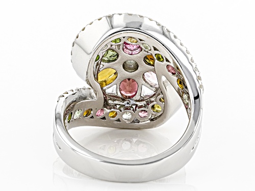 3.03ctw Oval & Round Mixed-Color Tourmaline With .87ctw White Zircon Rhodium Over Silver Bypass Ring - Size 8