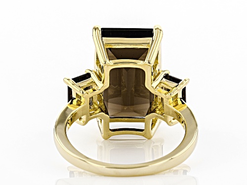 8.95ctw Emerald Cut Smoky Quartz 18k Yellow Gold Over Silver 3-Stone Ring - Size 8