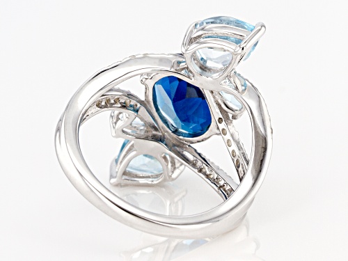 5.67CTW MIXED SHAPES LONDON BLUE TOPAZ, SKY BLUE TOPAZ & .15CTW WHITE TOPAZ RHODIUM OVER SILVER RING - Size 7