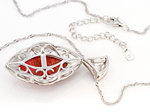 25x12mm Marquise Red Sponge Coral With Round Marcasite Rhodium Over Silver Pendant With Chain