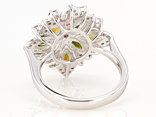 1.26ctw Marquise & Round Multi-Tourmaline With .17ctw Zircon Rhodium Over Silver Flower Ring - Size 8