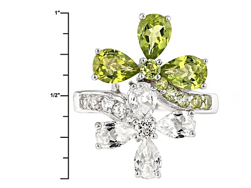 2.38ctw Manchurian Peridot™ And 2.27ctw White Topaz Sterling Silver Floral Bypass Ring - Size 6