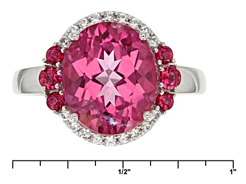 5.26ctw Oval And Round Pink Topaz With .16ctw Round White Zircon Rhodium Over Sterling Silver Ring - Size 8