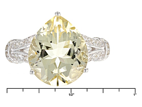 4.68ct Pear Shape Yellow Labradorite With .40ctw Round White Zircon Rhodium Over Silver Ring - Size 10