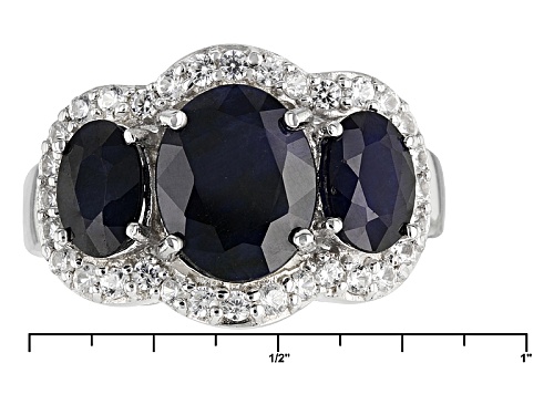 4.35ctw Oval Blue Sapphire And .56ctw Round White Zircon Rhodium Over Sterling Silver 3-Stone Ring - Size 10
