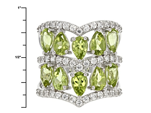 4.08ctw Pear Shape Manchurian Peridot™ And 1.28ctw Round White Zircon Sterling Silver Band Ring - Size 6
