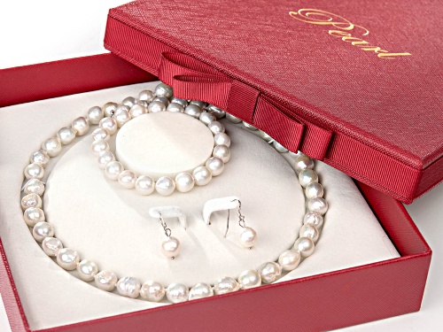 Genusis™ 9-11mm Cultured Freshwater Pearl Rhodium Over Silver Necklace, Bracelet, & Earring Set