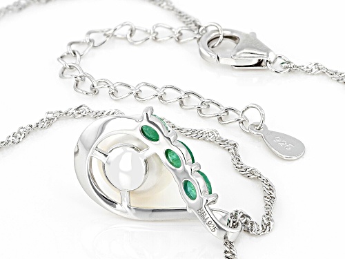 9-10mm Cultured Freshwater Pearl with Zambian Emerald Rhodium Over Silver Pendant with Chain