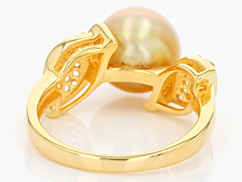 9mm Golden Cultured South Sea Pearl and White Topaz 18k Yellow Gold Over Sterling Silver Ring - Size 12