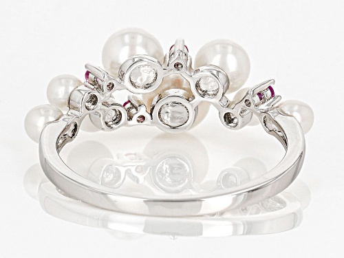 3-5.5mm White Cultured Freshwater Pearl And .10ctw Pink Sapphire Rhodium Over Sterling Silver Ring - Size 7