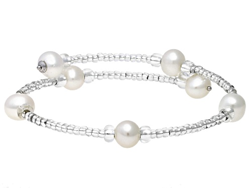 6-7mm Light Multi-Color Cultured Freshwater Pearl And Glass Bead Sterling Silver Bangle Set