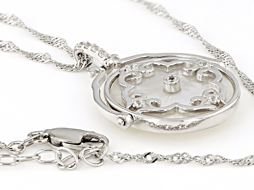 White Mother-of-Pearl and 0.18ctw White Zircon Rhodium Over Sterling Silver Pendant with Chain