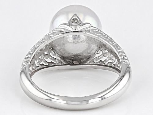 10-10.5mm White Cultured Freshwater Pearl and White Zircon Rhodium Over Sterling Silver Ring - Size 11