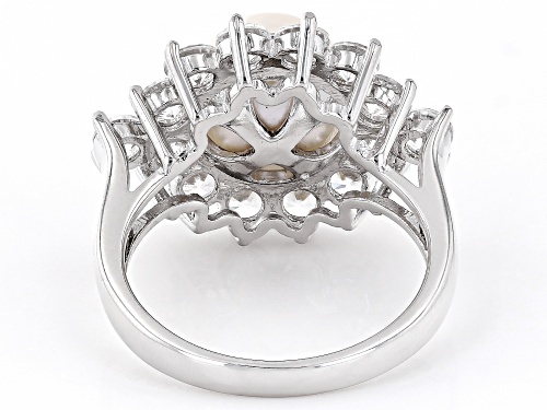 9.5-10mm White Cultured Freshwater Pearl and White Zircon Rhodium Over Sterling Silver Halo Ring - Size 11