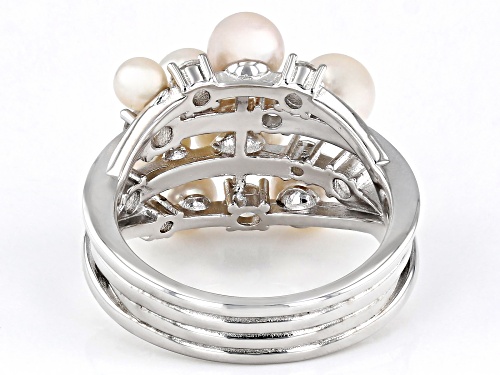 3-6.5mm White Cultured Freshwater Pearl and White Zircon Rhodium Over Sterling Silver Cluster Ring - Size 7