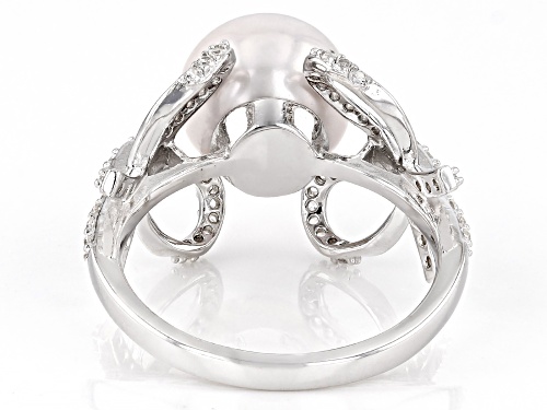 10-10.5mm White Cultured Freshwater Pearl and White Zircon Rhodium Over Sterling Silver Bow Ring - Size 12