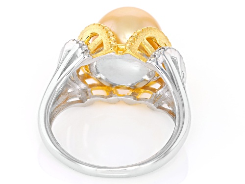 11-12mm Golden Cultured South Sea Pearl with Topaz Rhodium & 18k Gold Over Silver Two-Tone Ring - Size 7