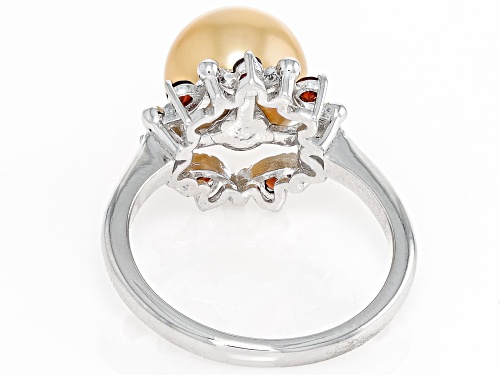 8-9mm Golden Cultured South Sea Pearl and Garnet Rhodium Over Sterling Silver Ring - Size 7