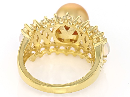 9-10mm Golden Cultured South Sea Pearl with Ethiopian Opal & Zircon 18k Yellow Gold Over Silver Ring - Size 7