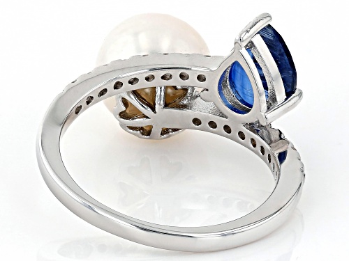9.5-10mm White Cultured Freshwater Pearl, 1.06ct Kyanite & Zircon Rhodium Over Sterling Silver Ring - Size 6