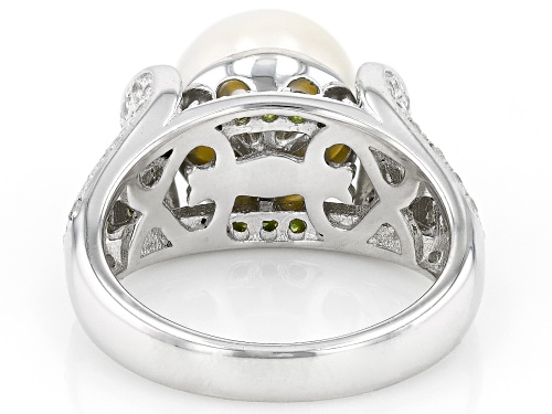10-10.5mm Cultured Freshwater Pearl, Chrome Diopside and White Zircon Rhodium Over Silver Ring - Size 11