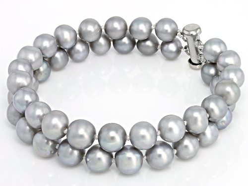 7.5-8.5mm Platinum Cultured Freshwater Pearl Rhodium Over Sterling Silver Bracelet and Necklace Set