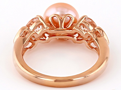8.5-9mm Pink Cultured Freshwater Pearl with Morganite & Zircon 18k Rose Gold Over Silver Ring - Size 10