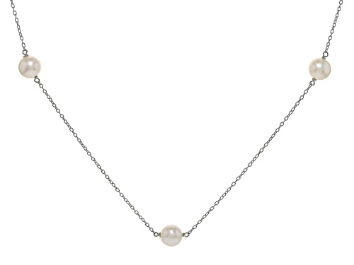 7-8mm White Cultured Freshwater Pearl Rhodium Over Sterling Silver Station Necklace - Size 18