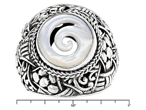Artisan Gem Collection Of Bali™ 13mm Round Carved White Mother Of Pearl Silver Swirl Ring - Size 7