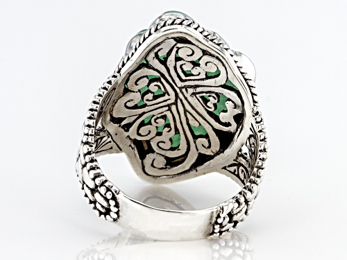 Artisan Collection Of Bali™ 24x16mm Custom Shape, Carved Green Quartzite Fan Silver Solitaire Ring - Size 7
