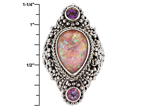 Artisan Gem Collection Of Bali™ Pink Opal Simulant Doublet And .50ctw Mystic Topaz® Silver Ring - Size 6
