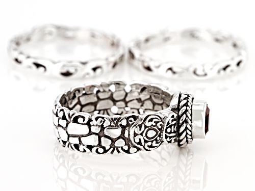 Artisan Gem Collection Of Bali™ 0.51ct Round Garnet Sterling Silver Set of 3 Rings - Size 7