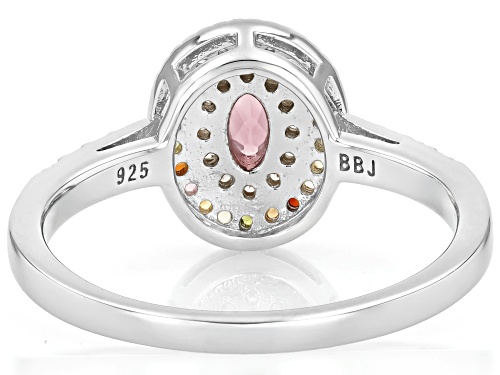 0.19ct Oval Pink Tourmaline, .07ctw Multi Tourmaline With .23ctw Zircon Rhodium Over Silver Ring - Size 9