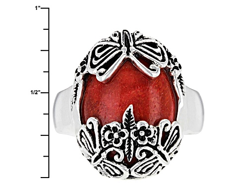 Southwest Style By Jtv™ 18x13mm Oval Red Sponge Coral Silver Butterfly Overlay Ring - Size 7