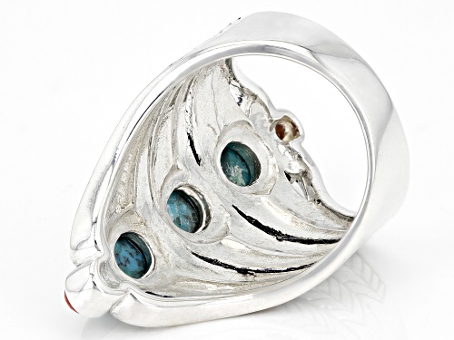 Southwest Style By JTV™ Blue Turquoise and Red Sponge Coral Rhodium over Sterling Silver Ring - Size 6