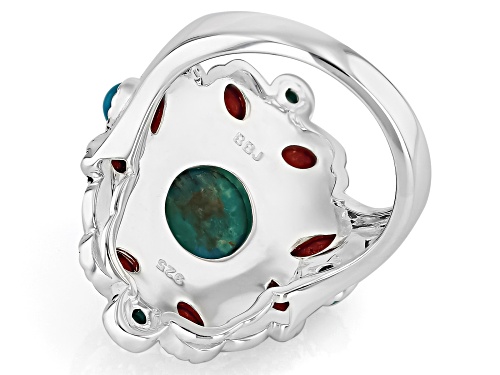 Southwest Style by JTV™ 12x10mm Turquoise & Red Sponge Coral Sterling Silver Ring - Size 6