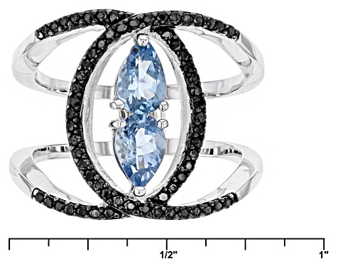 .50ctw Pear Shape Aquamarine And .26ctw Round Black Spinel Sterling Silver Ring - Size 7