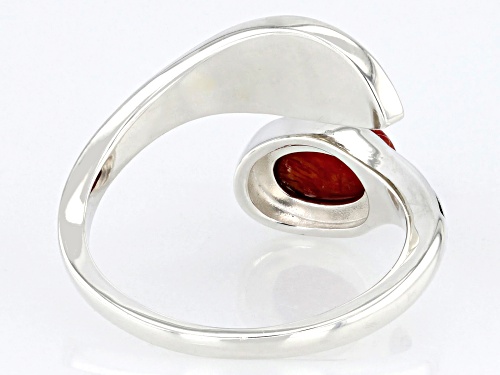 Southwest Style by JTV™ 8x6mm Oval Red Sponge Coral Rhodium Over Sterling Silver Bypass Ring - Size 7