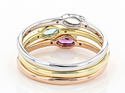 0.45ctw Swiss Blue Topaz, Rhodolite Garnet, White Zircon, And Diamond 10k Gold Ring Set Of 3 - Size 8