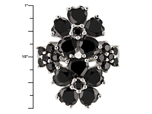 6.49ctw Heart Shape And Round Black Spinel Sterling Silver Floral Ring - Size 5