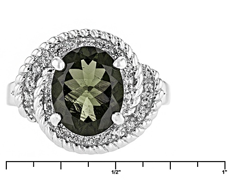 1.49ct Oval Moldavite And .16ctw Round White Zircon Sterling Silver Ring - Size 7