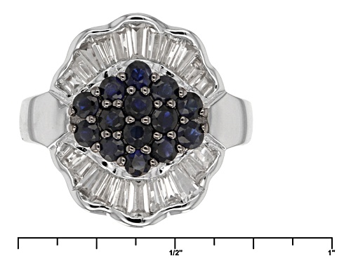1.00ctw Round Blue Kanchanaburi Sapphire With 1.17ctw Baguette White Zircon Sterling Silver Ring - Size 6