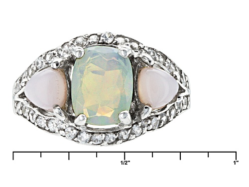 .95ct Cushion Ethiopian Opal, 5mm Trillion Peruvian Pink Opal And .59ctw White Zircon Silver Ring - Size 8