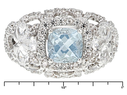 1.02ct Square Cushion Aquamarine With 1.61ctw White Zircon Sterling Silver Ring - Size 12