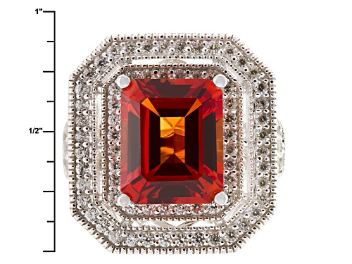 5.22ct Emerald Cut Lab Created Padparadscha Sapphire With .81ctw Round White Zircon Silver Ring - Size 5