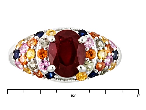 2.98ct Oval Mahaleo®Ruby With 1.46ctw Round Multi Sapphire Sterling Silver Ring - Size 6