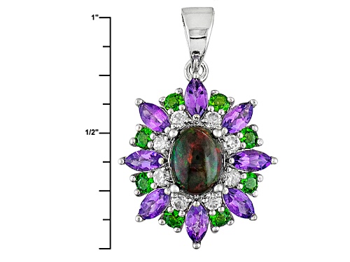 .60ct Black Ethiopian Opal, 1.89ctw Multi Gemstone Sterling Silver Pendant With Chain