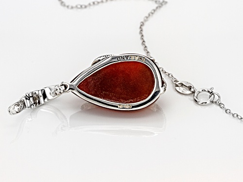 Pear Shape Red Agate With Round Marcasite Sterling Silver Enhancer With Chain