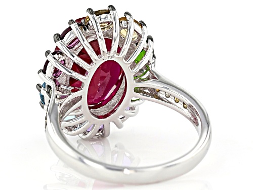 5.49ct Oval Lab Created Ruby & 1.63ctw Multi-Gemstone Rhodium Over Silver Halo Ring - Size 7